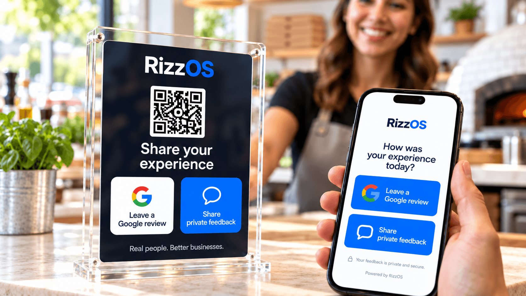 RizzOS ReviewDisplay and mobile experience in a bright local business