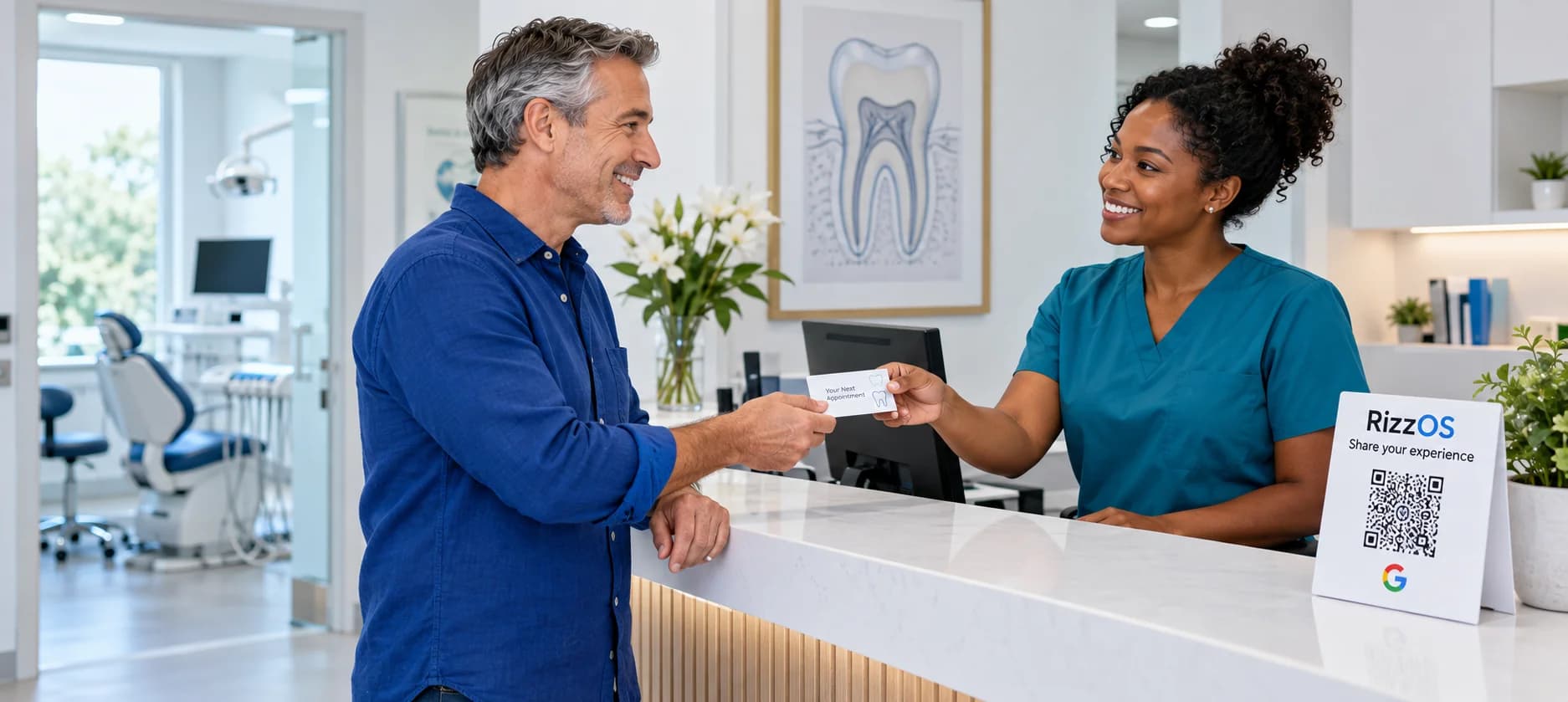 Patient smiling with a dental receptionist beside an illustrative RizzOS display