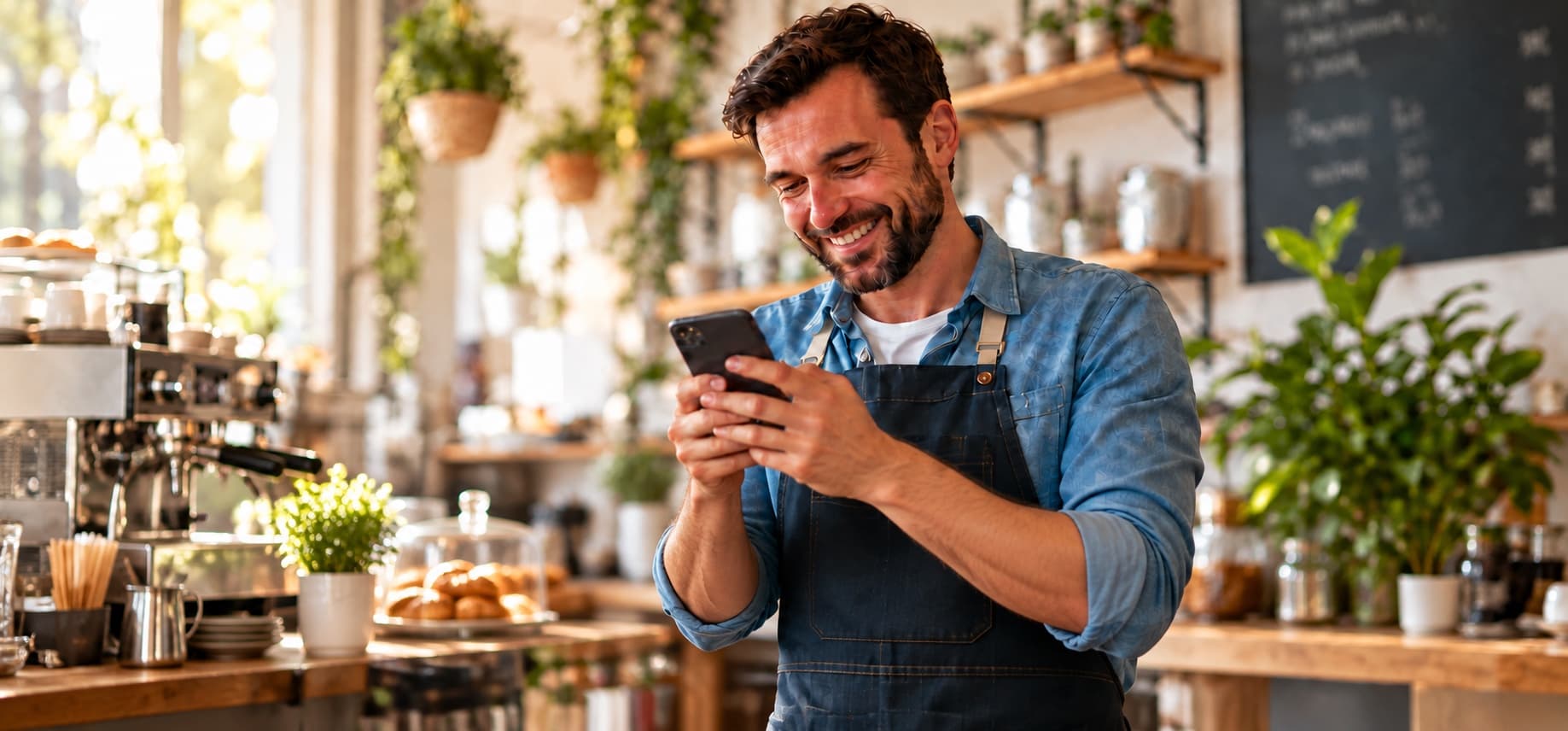 Smiling café owner reading a message on his phone