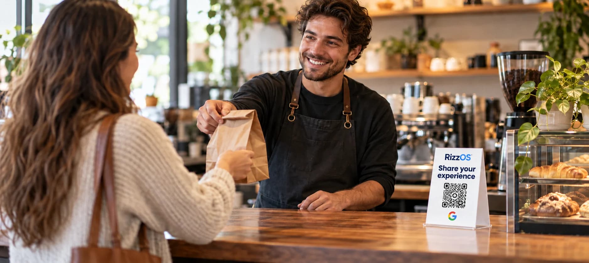 Cafe employee handing a customer an order beside an illustrative RizzOS display