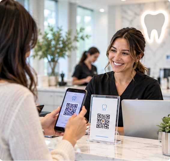 Customer scanning a QR display at a business counter