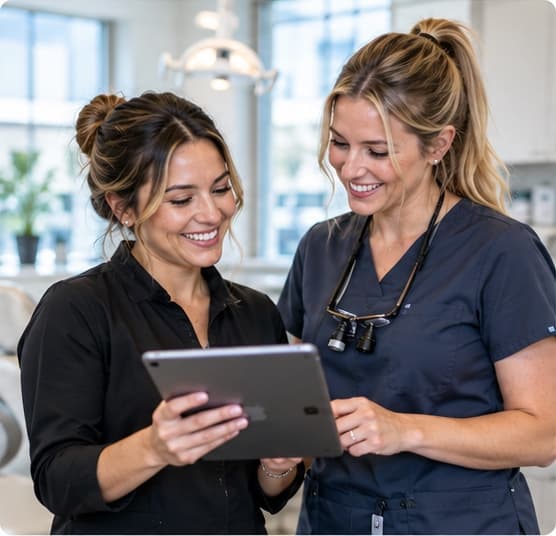 Employees reviewing activity together on a tablet